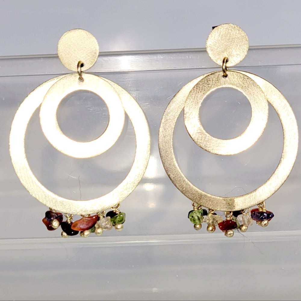 New Earrings, Brushed Gold-toned Semi-precious Dangle Gemstone Hoop Post …